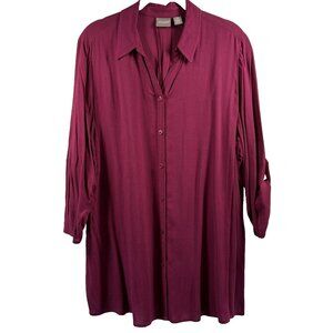 Chicos Women's Top Size Large Solid Dark Pink Roll Tab 3/4 Sleeve‎ Button Up